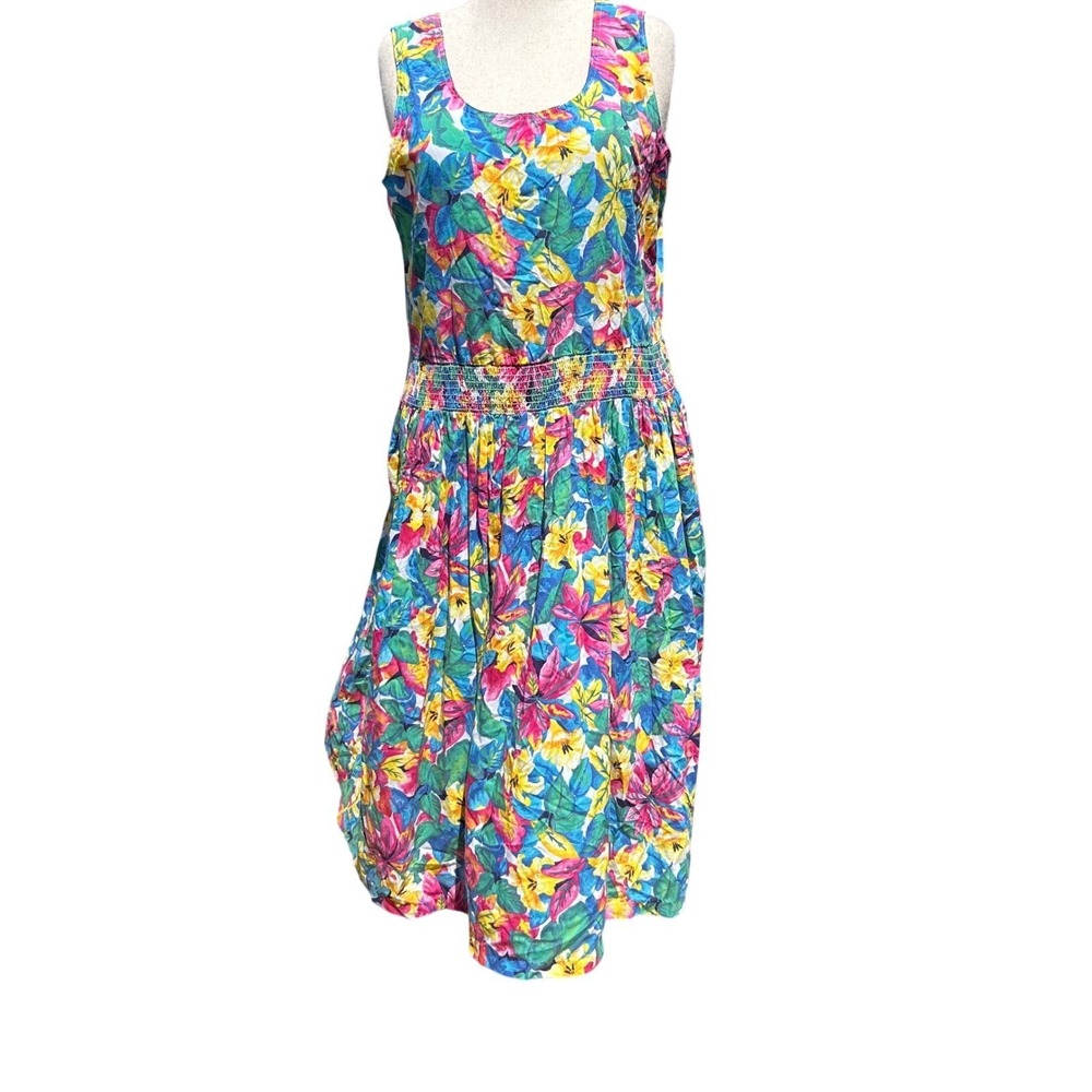 Sand Dollars Womens Maxi Dress L Multi Color‎ Floral Smocked Waist 80s Tropical